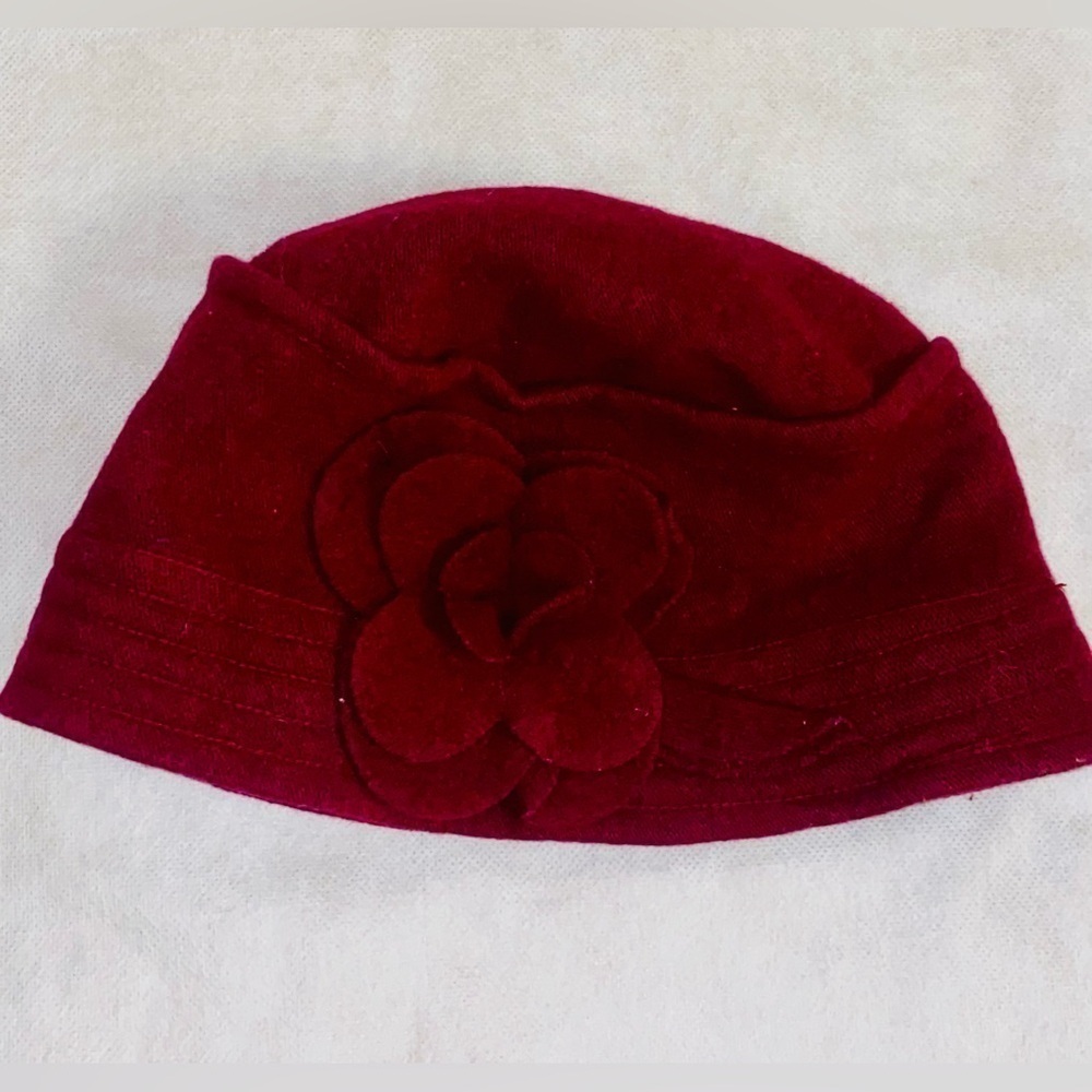 Elegant Red Women's Hat with Floral Accent. Wool